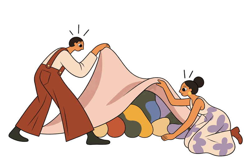 Pareja frente a frente, con hilos que salen de sus bocas y forman un nudo