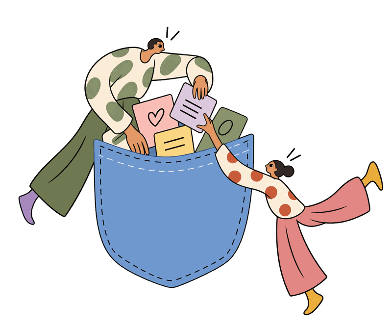 Ilustración: un bolsillo con tarjetas y recursos