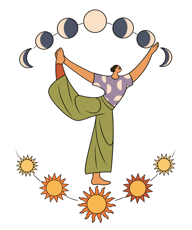 Mujer en equilibrio, acompañada por las fases de la luna y los soles