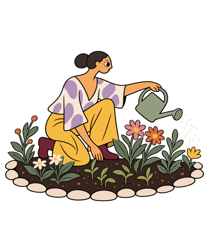 Mujer cultivando y regando su parcela