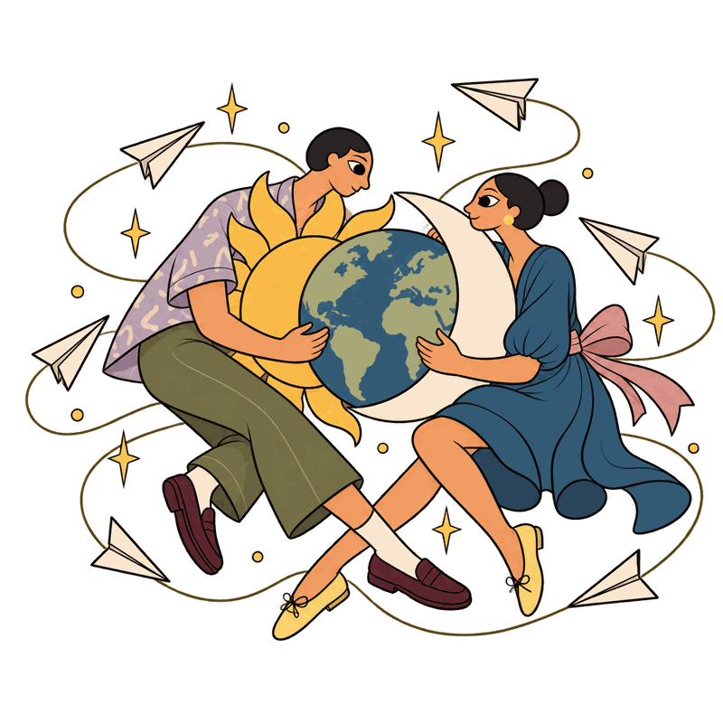 Pareja con el mundo, el sol, la luna y los avioncitos