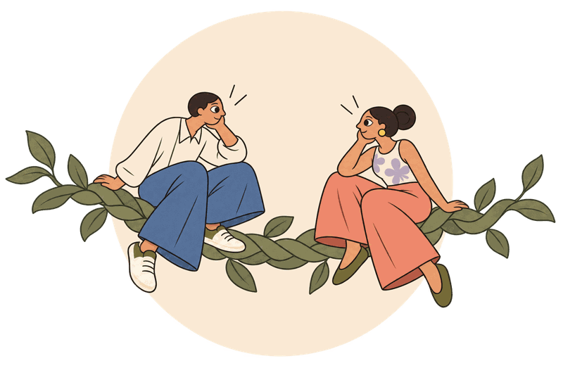 Pareja sentada sobre la trenza verde con hojas