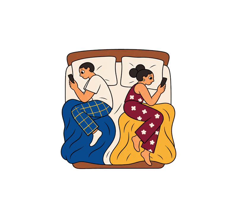 Pareja de espaldas en la cama, cada uno con el celular